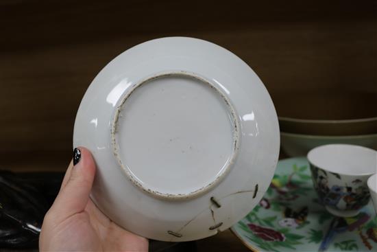 Two Chinese tea bowls , Cantonese cup and saucer, plate and two dishes